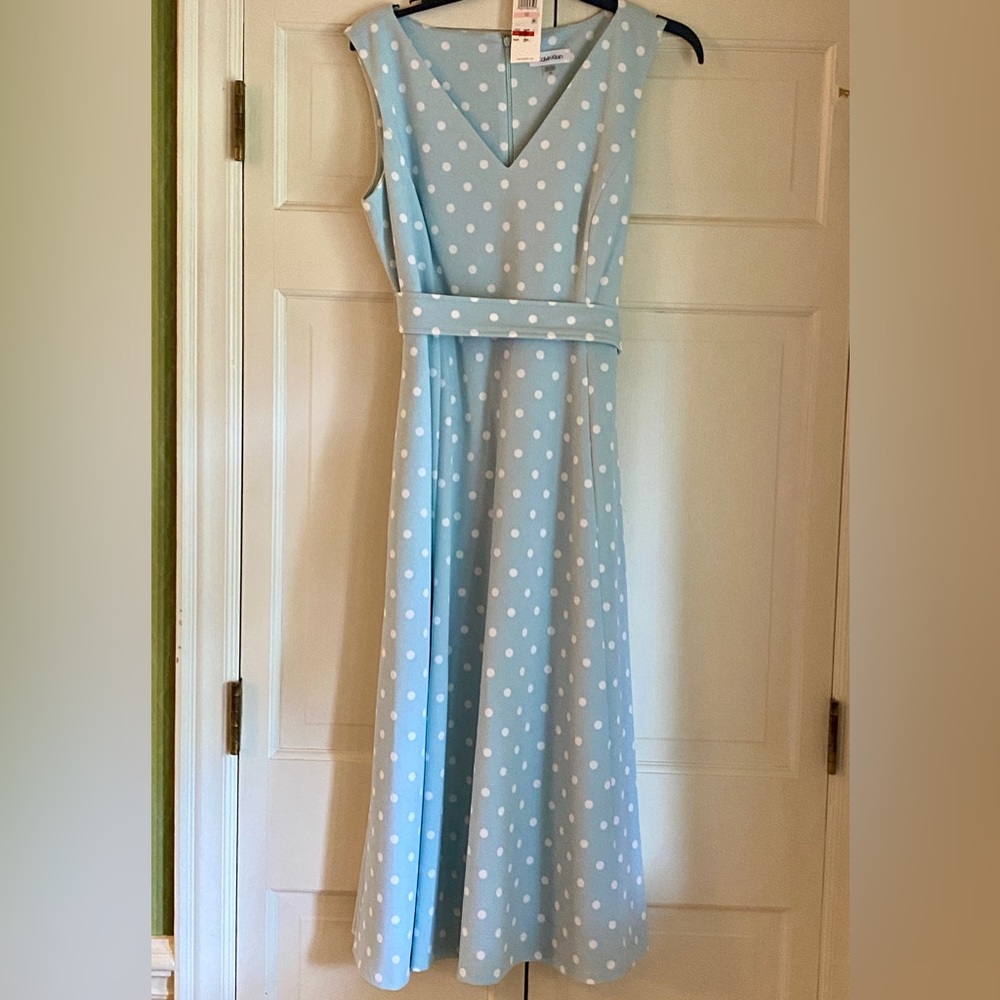 NEW Dot Print Fit & Flare Dress Calvin Klein Midi Dress Sz 10 Form Self Tie Belt